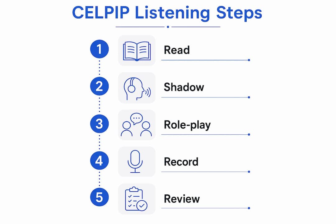 Infographic outlining CELPIP listening practice steps