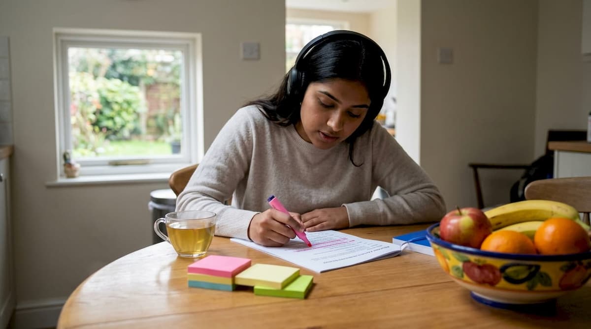 Woman practicing CELPIP listening at home desk