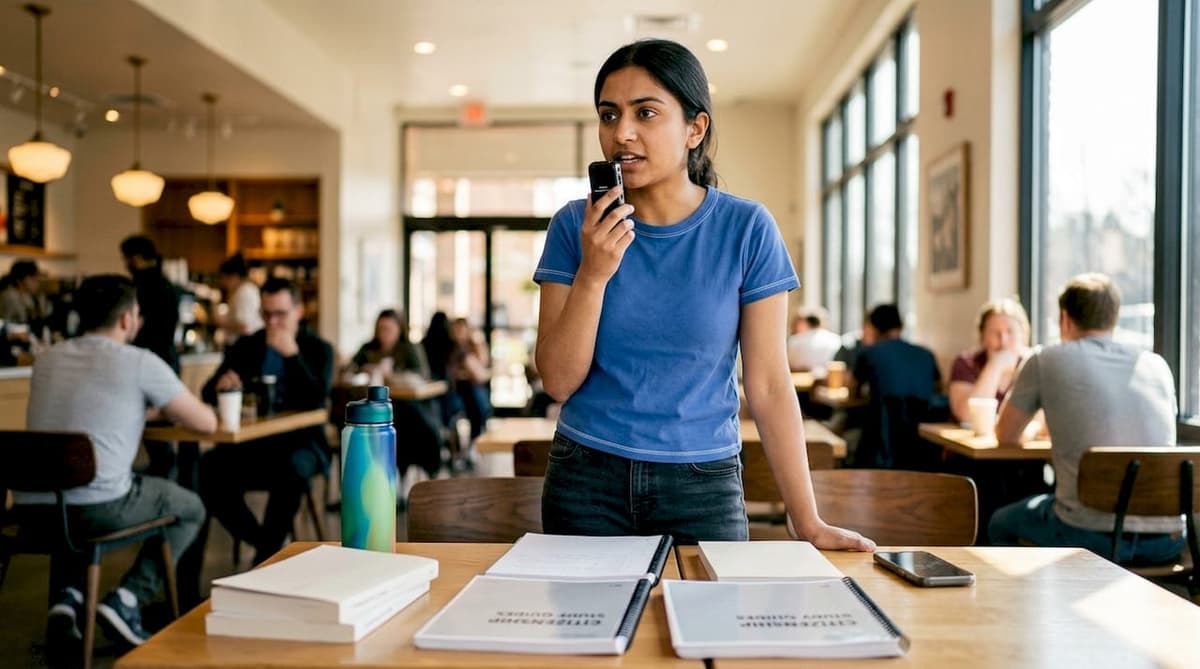 Woman practicing citizenship speaking at home