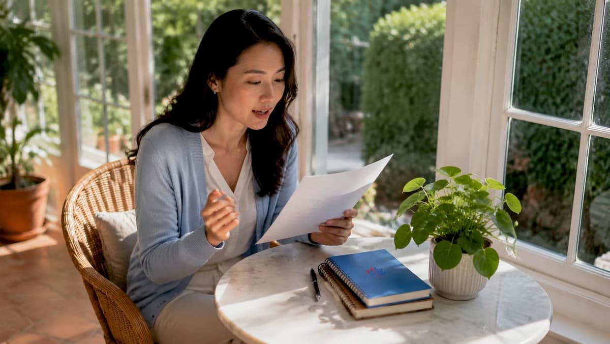 Woman practicing professional English at home desk