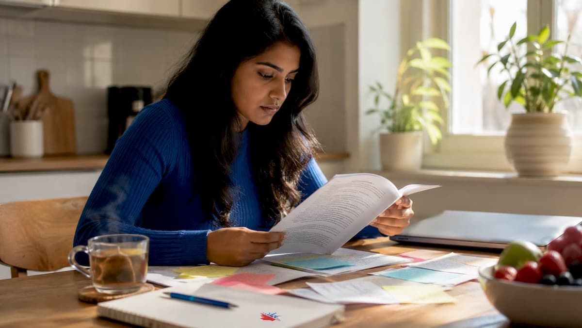 Woman studying reading comprehension exam at home