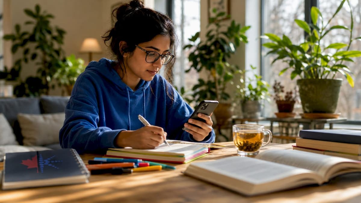 Person studying vocabulary with notes at desk