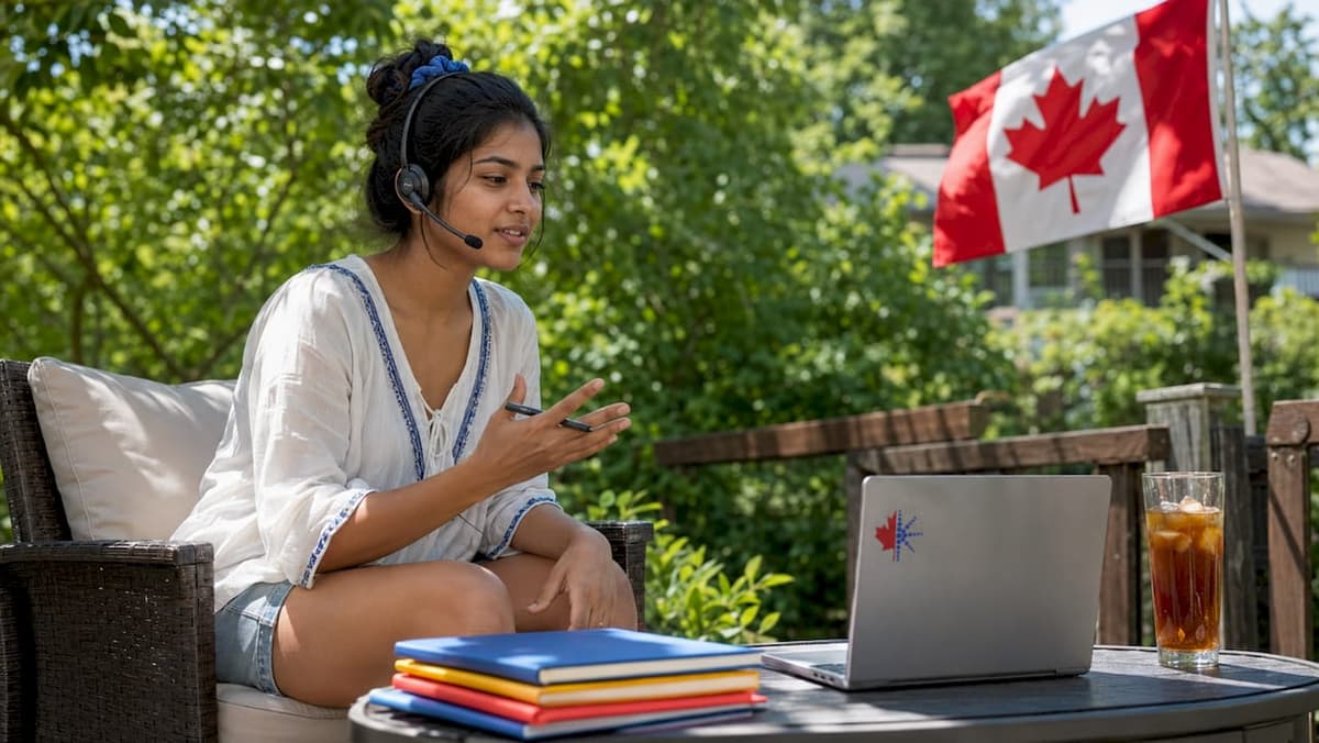 Woman practicing Canadian citizenship speaking using AI at desk